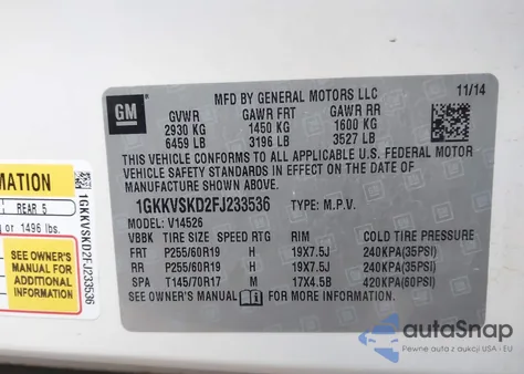 2015 GMC Acadia Slt-2 из США, поврежденный, VIN 1GKKVSKD2FJ233536